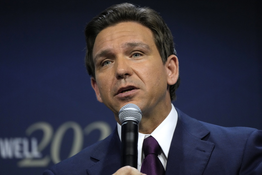 FILE - Republican presidential candidate Florida Gov. Ron DeSantis speaks during the Family Leadership Summit, July 14, 2023, in Des Moines, Iowa.  DeSantis was in a car accident Tuesday as he traveled to presidential campaign events in Tennessee but wasn't injured, his campaign says.