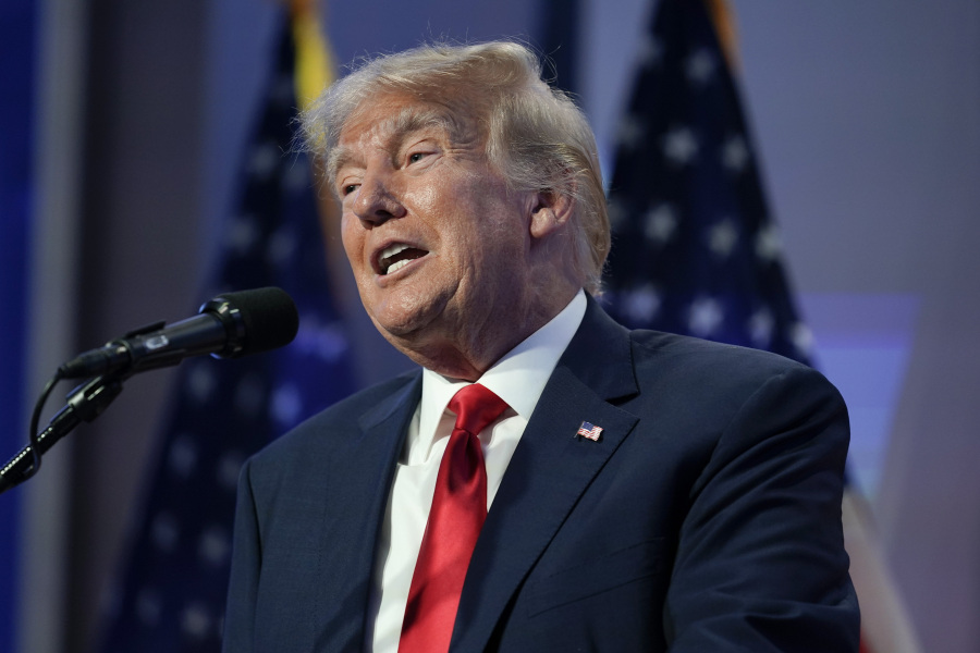 FILE - Former President Donald Trump speaks at the Moms for Liberty meeting in Philadelphia, June 30, 2023. Trump will be in Council Bluffs, Iowa, on July 7.