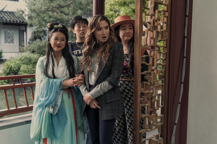 This image released by Lionsgate shows Stephanie Hsu as Kat, from left, Sabrina Wu as Deadeye, Ashley Park as Audrey, and Sherry Cola as Lolo in a scene from "Joy Ride." (Ed Araquel/Lionsgate via AP)