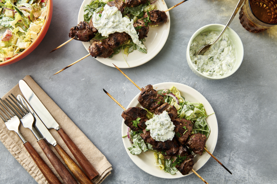 A recipe for lamb kebabs appears in New York. Kebabs can be made from many types of meat, seafood, fish, poultry or vegetables, or a combination thereof.