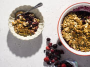 A recipe for mixed berry crumble with spiced oats and almonds.