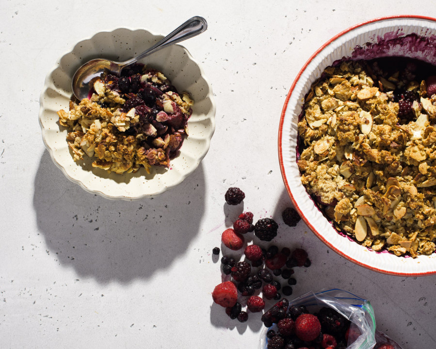 A recipe for mixed berry crumble with spiced oats and almonds.