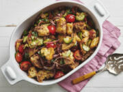 This image shows a recipe for tomato panzanella salad. The classic Tuscan salad was originally created to use up stale bread.