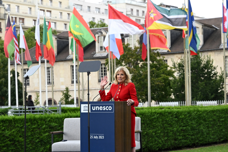 First Lady Jill Biden delivers a speech during a ceremony at the UNESCO headquarters in Paris, Tuesday, July 25, 2023. U.S. first lady Jill Biden visited Paris on Tuesday to attend a flag-raising ceremony at UNESCO, marking Washington's official reentry into the U.N. agency after a five-year hiatus.