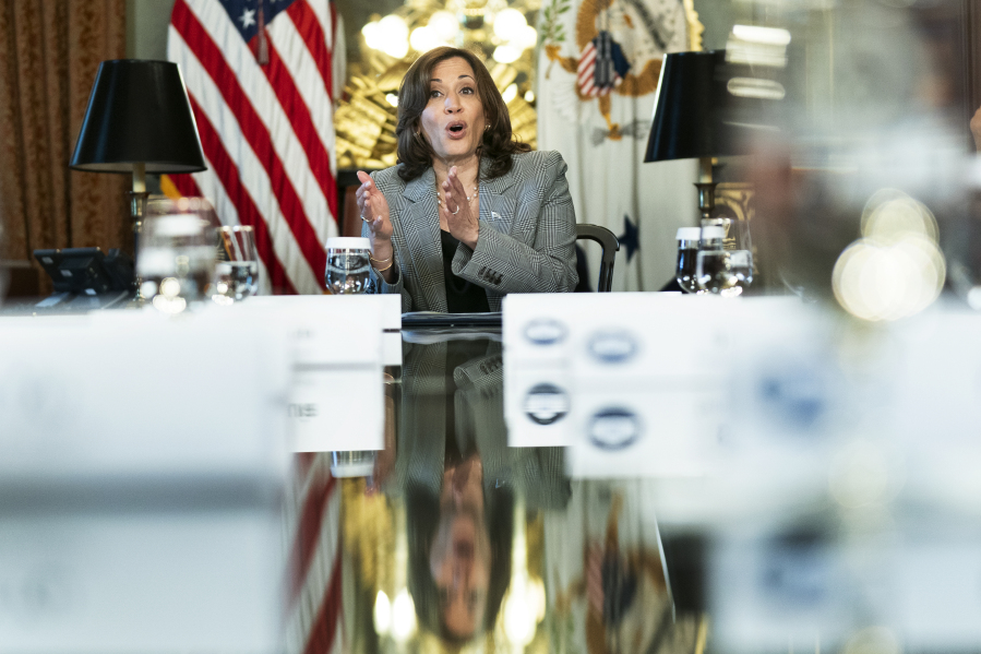 Vice President Kamala Harris speaks during a meeting with civil rights leaders and consumer protection experts to discuss the societal impact of Artificial intelligence, at the Eisenhower Executive Office Building on the White House complex, in Washington, Wednesday, July 12, 2023.