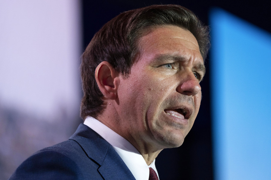 FILE - Republican presidential candidate Florida Gov. Ron DeSantis speaks to the Christians United For Israel (CUFI) Summit 2023, Monday, July 17, 2023, in Arlington, Va.