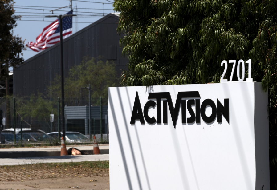 A sign is seen outside the Activision building in Santa Monica, Calif. on Wednesday, June 21, 2023. A U.S. appeals court on Friday, July 14, rejected a bid by federal regulators to block Microsoft from closing its $68.7 billion deal to buy video game maker Activision Blizzard, paving the way for the completion of the biggest acquisition in tech history after a legal battle over whether it will undermine competition.