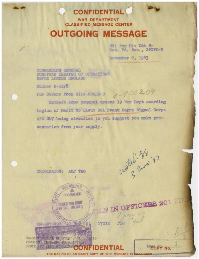This photo provided by the National Archives and Records Administration shows a singed page from the official military personnel file of Frank Capra , who later became a filmmaker, which was damaged in a massive fire at the Military Personnel Records Center in Overland, Mo., near St. Louis, which started on July 12, 1973.
