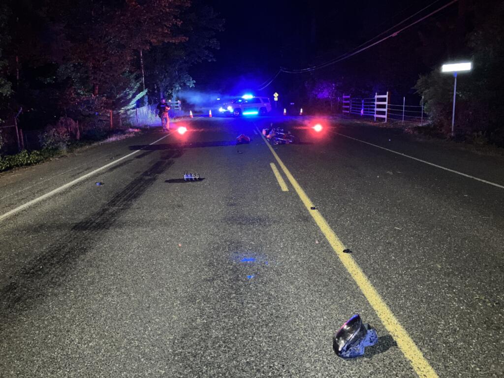 Scene of a motorcycle collision with a car on NE Hayes Road on Friday night (Clark County Sheriff's Office photo)