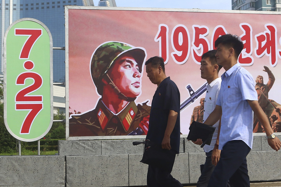 Citizens walk on a street of Pothonggang District of Pyongyang, North Korea Thursday, July 27, 2023, on the 70th anniversary of an armistice that halted fighting in the 1950-53 Korean War.