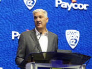 Pac-12 commissioner George Kliavkoff speaks at the NCAA college football Pac-12 media day Friday, July 21, 2023, in Las Vegas.
