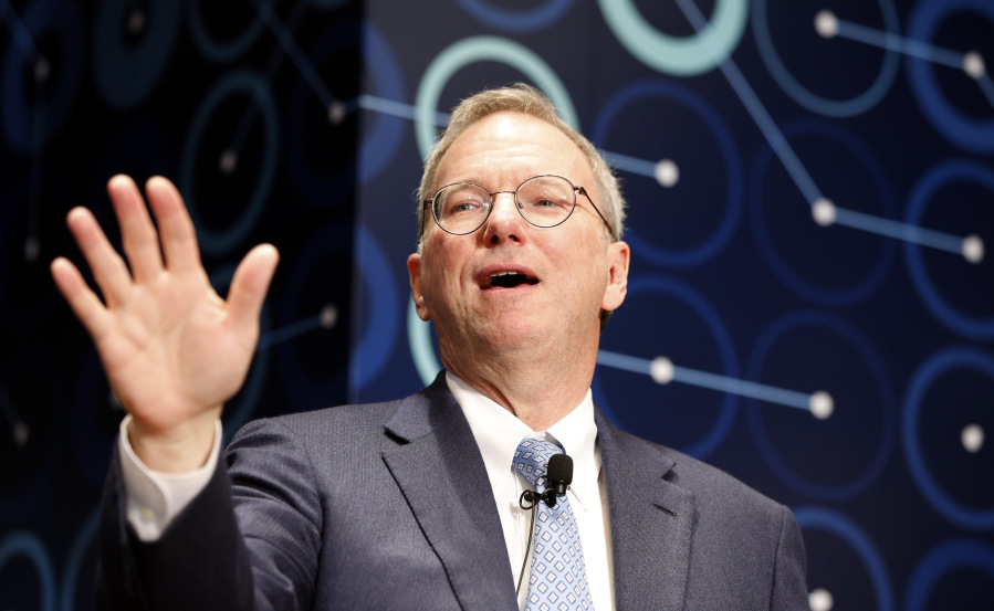 FILE - Eric Schmidt, executive chairman of Alphabet speaks during a press conference ahead of the Google DeepMind Challenge Match in Seoul, South Korea, Tuesday, March 8, 2016. Patrick Collison, the now 34-year-old billionaire CEO of online payment company Stripe, and his brother, John -- a Stripe co-founder -- and economist Tyler Cowen raised more than $50 million from some of the biggest names in tech: Jack Dorsey, Elon Musk, and Peter Thiel. Mark Zuckerberg and Priscilla Chan and former Google CEO Eric Schmidt and his wife, Wendy, also gave through their philanthropies.