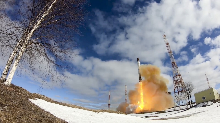 FILE - In this photo released by Russian Defense Ministry Press Service on April 20, 2022, a Sarmat intercontinental ballistic missile is launched from Plesetsk in northwestern Russia.