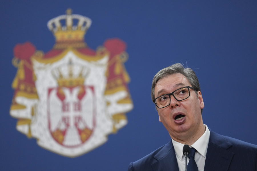 Serbian President Aleksandar Vucic speaks during a press conference after talks with his Cuban counterpart Miguel Diaz-Canel at the Serbia Palace in Belgrade, Serbia, Wednesday, June 21, 2023. Diaz-Canel is on a two-day official visit to Serbia.