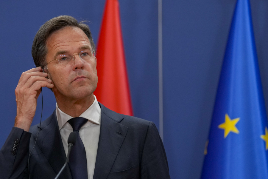 Netherland's Prime Minister Mark Rutte listens to a question during a press conference after talks with Serbia's President Aleksandar Vucic and Luxembourg Prime Minister Xavier Bettel at the Serbia Palace, in Belgrade, Serbia, Monday, July 3, 2023. Rutte and Bettel are on a one day visit to Serbia.