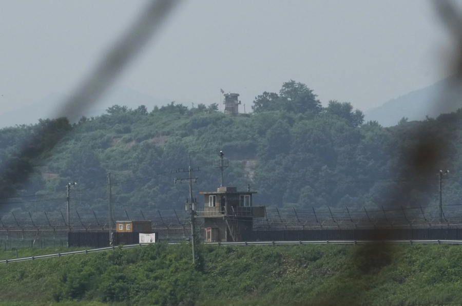 A North Korean military guard post, background, and a South Korean post, front, are seen in Paju South Korea, Thursday, July 20, 2023. North Korea wasn't responding Thursday to U.S. attempts to discuss the American soldier who bolted across the heavily armed border and whose prospects for a quick release are unclear at a time of high military tensions and inactive communication channels.
