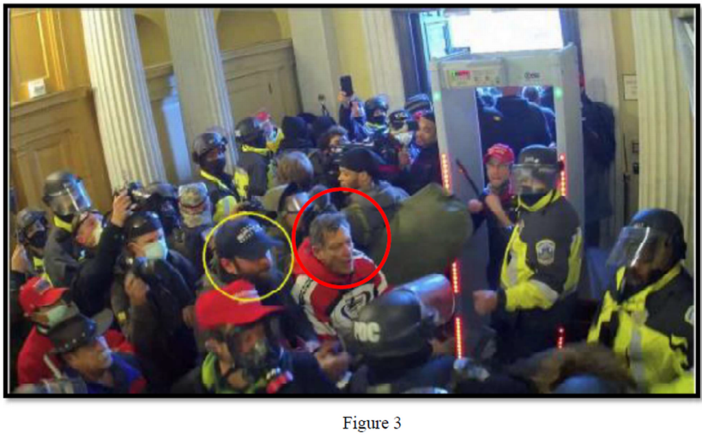 Taylor Taranto is seen clashing with Capitol police during the riot at the U.S. Capitol on Jan. 6, 2021, in this image included in court documents. Taranto is circled in yellow.