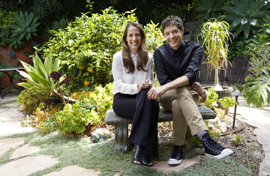Kristin Gore, left, and her husband Damian Kulash, co-directors of the film "The Beanie Bubble," pose for a portrait in Los Angeles on June 28, 2023.