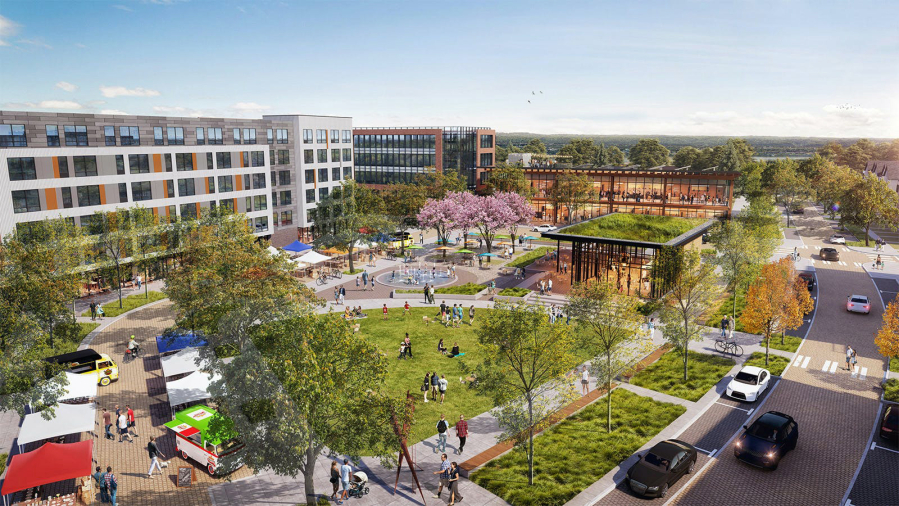 An artist's rendering visualizes the Tower Mall Development within the city's Heights District project, including commercial and multifamily housing as well as parks and open space.