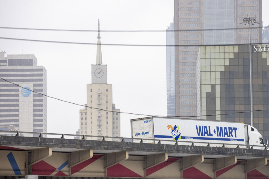 A Walmart semi-trailer truck drives northbound at N. Central Expressway in downtown Dallas. (Lynda M.
