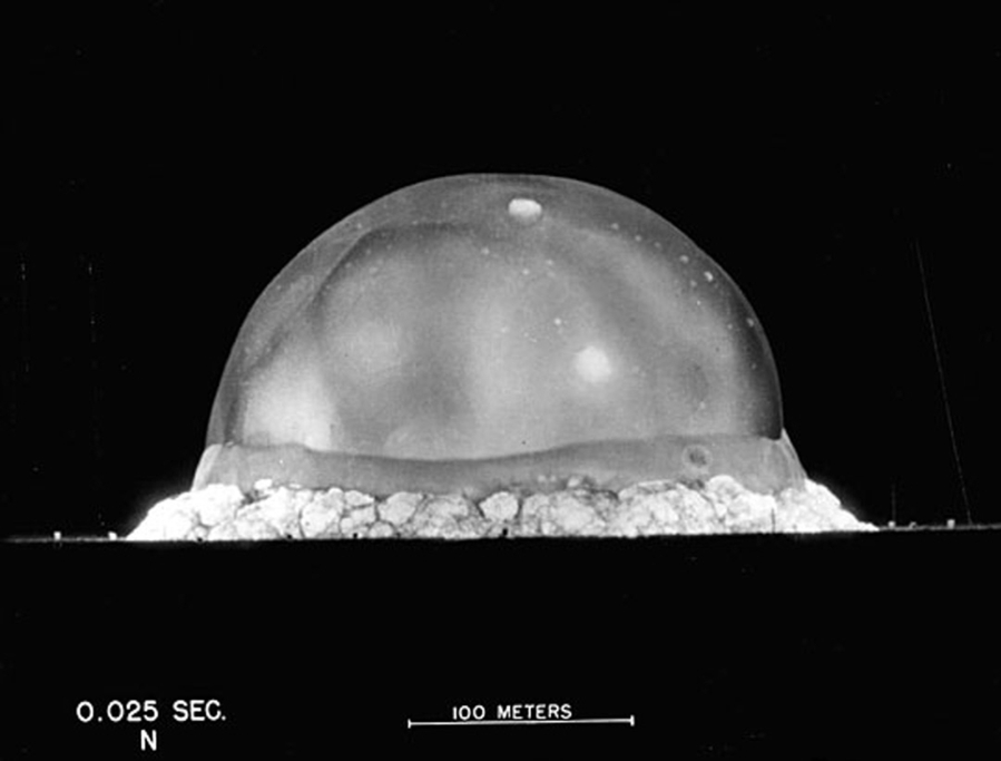 The Trinity test fireball, 25 thousands of a second after its detonation at the Alamogordo bombing range in New Mexico at 5:29 a.m. Mountain time on July 16, 1945, ushering in a new reality for humankind.