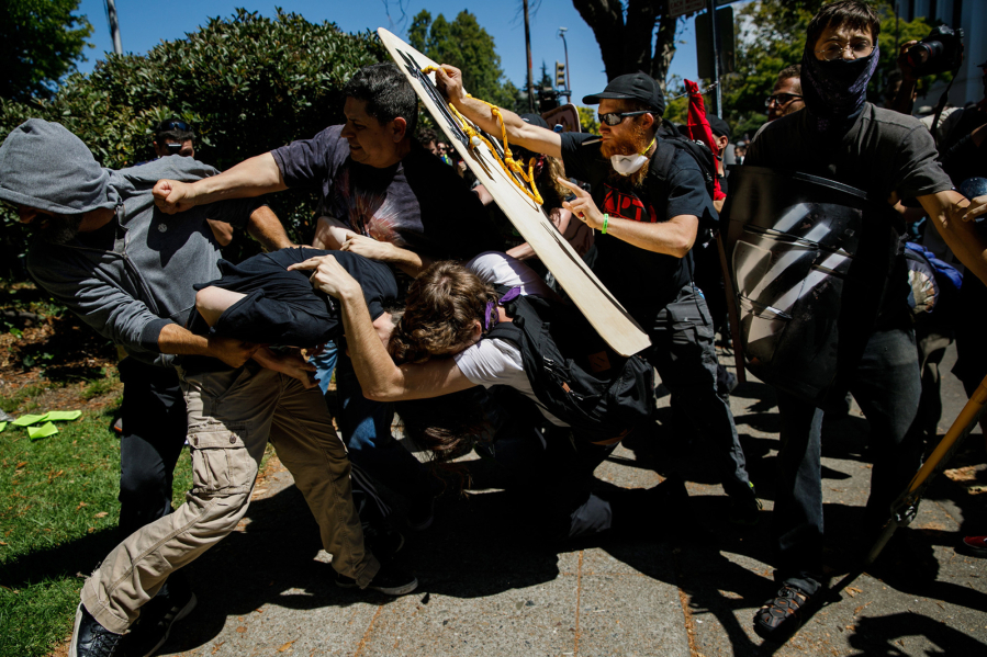 White supremacists clashed with participants at an anti-hate rally at MLK Park in Berkeley, California, on Aug. 27, 2017.