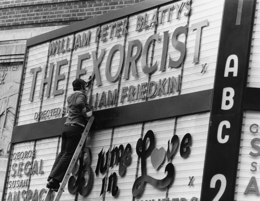 The ABC cinema in Shaftesbury Avenue advertises the opening of "The Exorcist" directed by William Friedkin on March 14, 1974, in London.