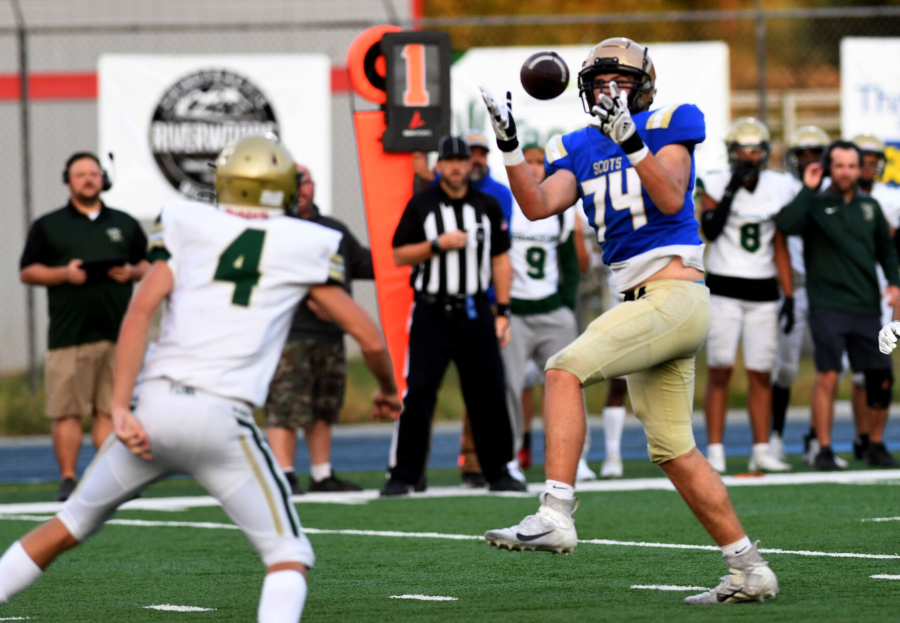 A big highlight from the 2022 season, Kelso's Payton Stewart intercepted this throw from Timberline quarterback Jacob Nadeau (4) and returned it 28 yards for a touchdown.