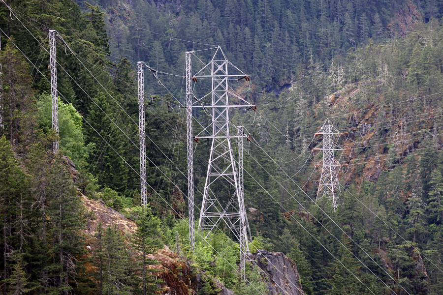 Transmission lines and towers are seen in the vicinity of Ross Dam in the North Cascades in Whatcom County on Wednesday, May 24, 2023. The Seattle City Light Hydroelectric Project consists of three dams on the Skagit River that supplies some power to the city of Seattle.