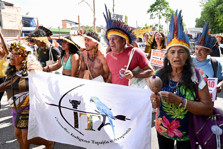 Indigenous people from Amazon countries and members of social movements take part in the March of the Peoples of the Earth for the Amazon in Bel?(C)m, Para State, Brazil, on Aug. 8, 2023.