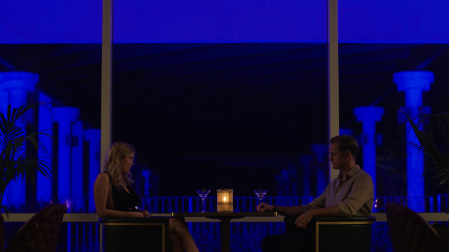 Mia Goth, left, and Alexander Skarsgard in "Infinity Pool." (Neon)