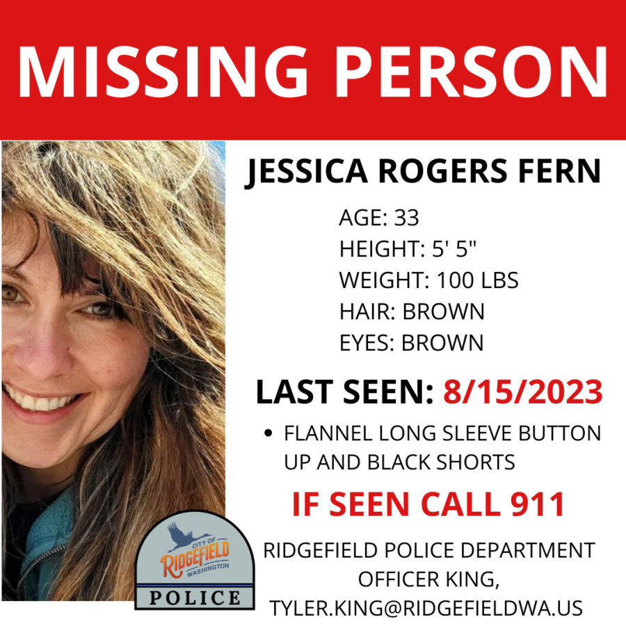 The Ridgefield Police Department is asking for the public's help in finding Jessica Rogers Fern, 33, who was last seen Tuesday.