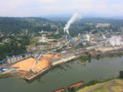 An aerial view shows the Georgia-Pacific paper mill in downtown Camas.