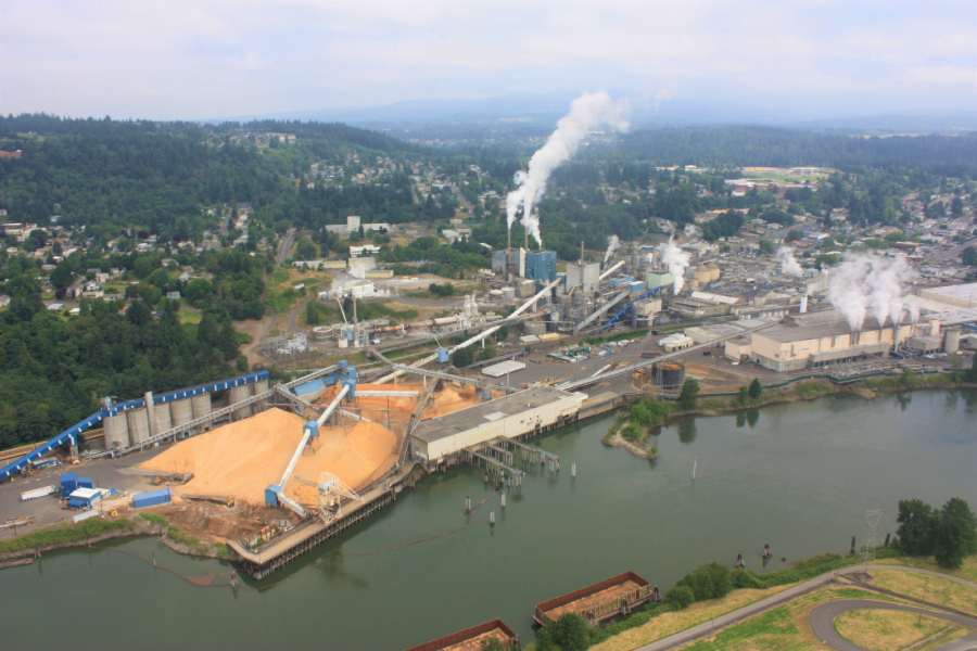 An aerial view shows the Georgia-Pacific paper mill in downtown Camas.