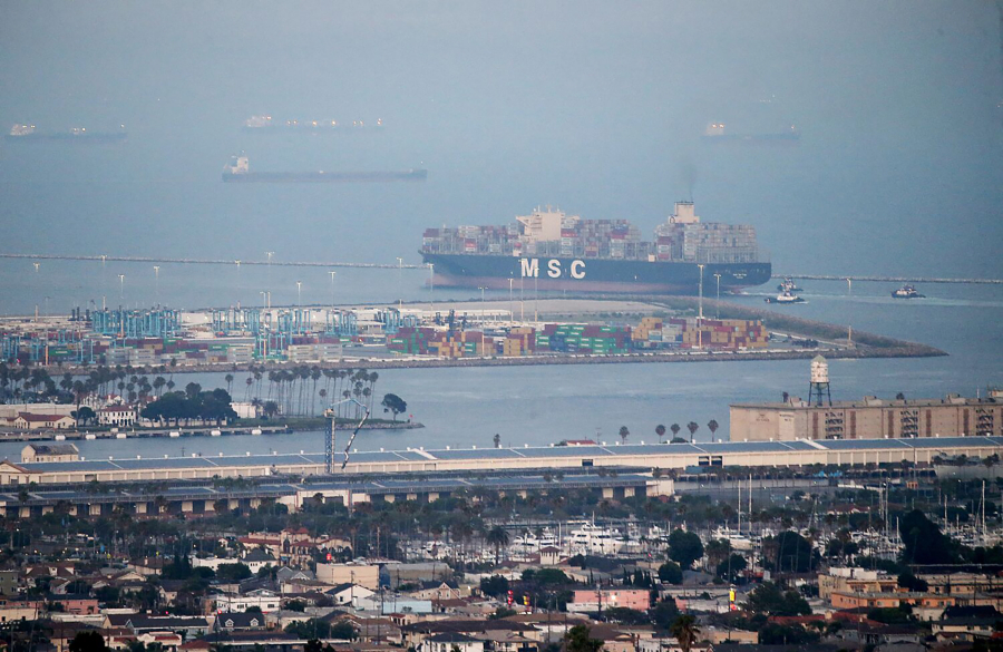 A container ship departs from the Port of Los Angeles on  July 16, 2023.