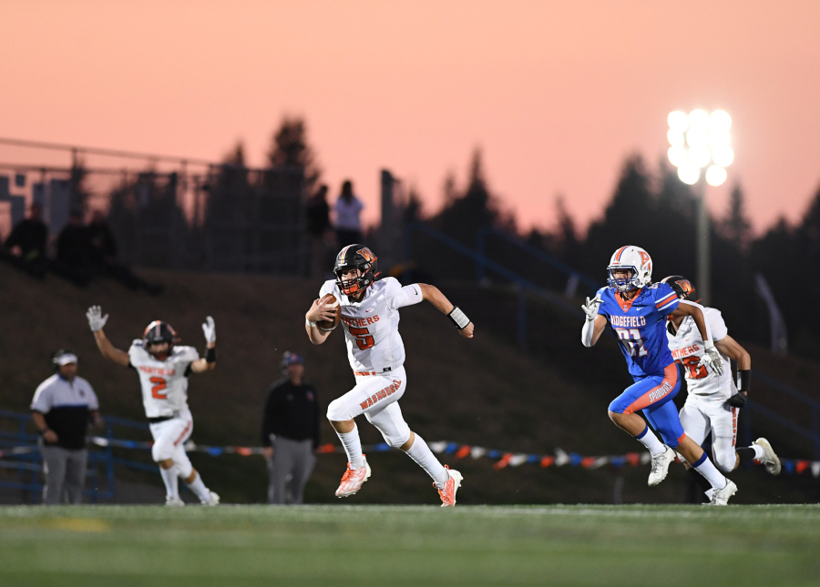 Washougal quarterback Holden Bea (5) found the end zone quite a bit in 2022 as he led the Panthers to the Class 2A state playoffs.