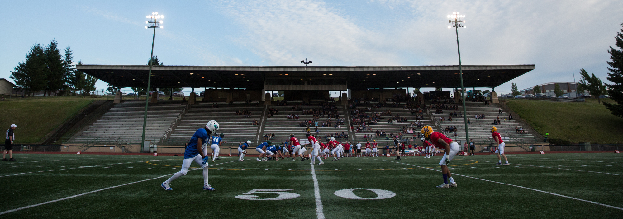 The East All Stars and the West All Stars line up on the line of scrimmage during the quarter of the Freedom Bowl Classic at McKenzie Stadium, Saturday, July 13, 2019.