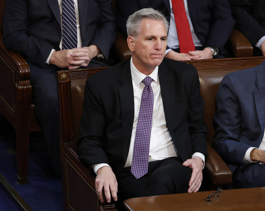 U.S. House Republican Leader Kevin McCarthy, R-Calif., listens in the House Chamber during the second day of elections for Speaker of the House at the U.S. Capitol Building on Jan. 4, 2023, in Washington, D.C. McCarthy lost a sixth vote for speaker.