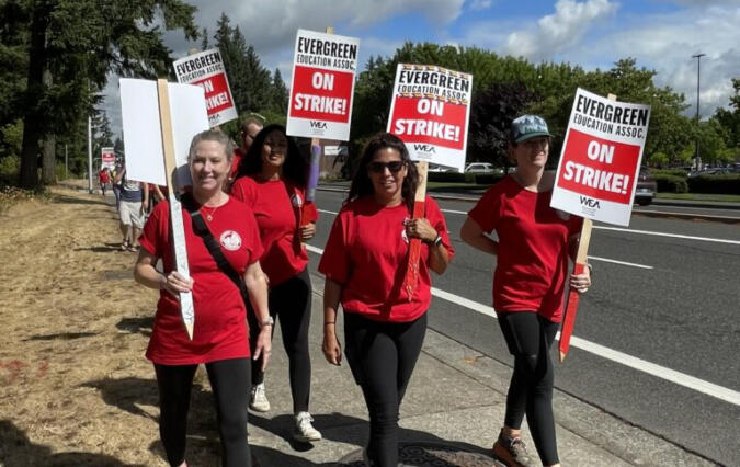 Vancouver Democratic Rep. Monica Stonier (middle) with fellow Evergreen Public Schools teachers on the picket line. (Photo courtesy Rep.