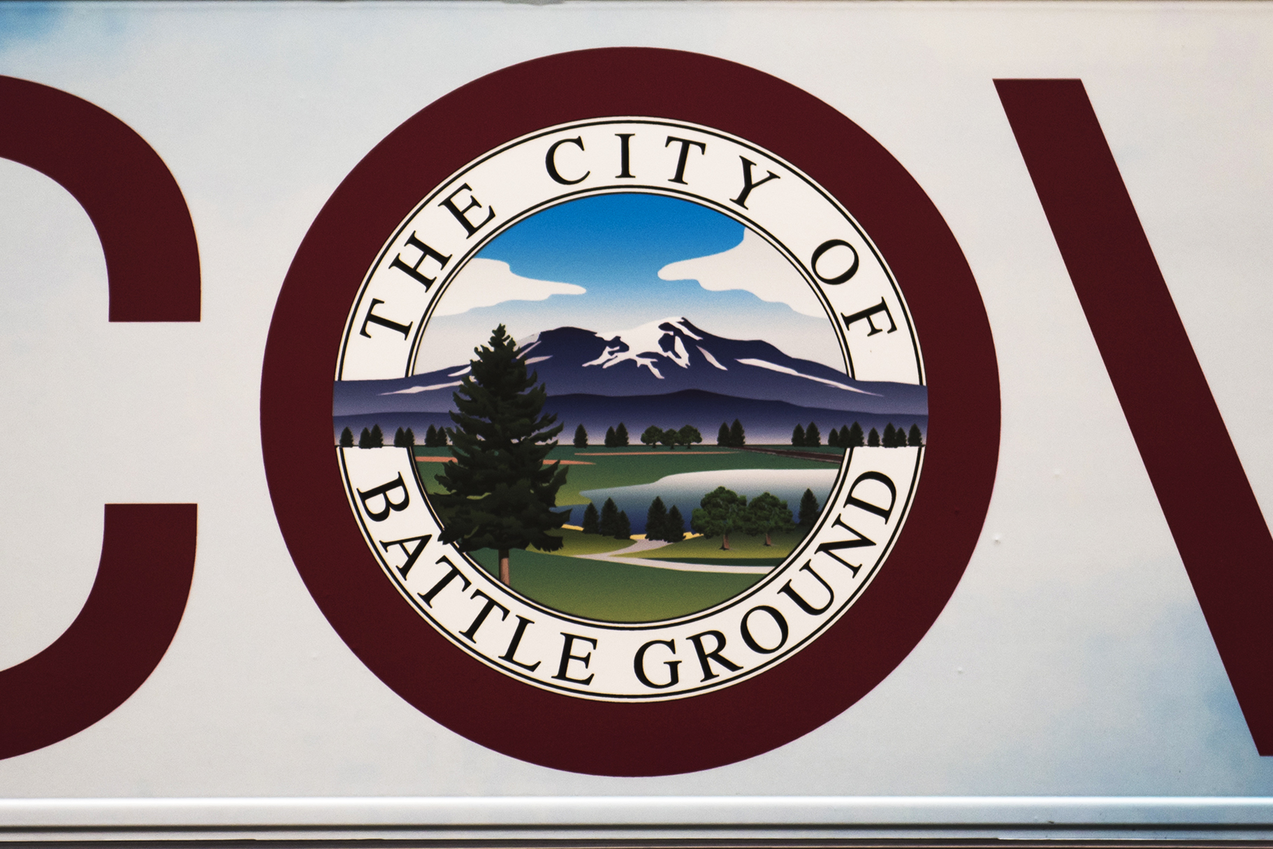 The City of Battle Ground seal on the side of a C-Tran bus at Battle Ground City hall (The Columbian files)