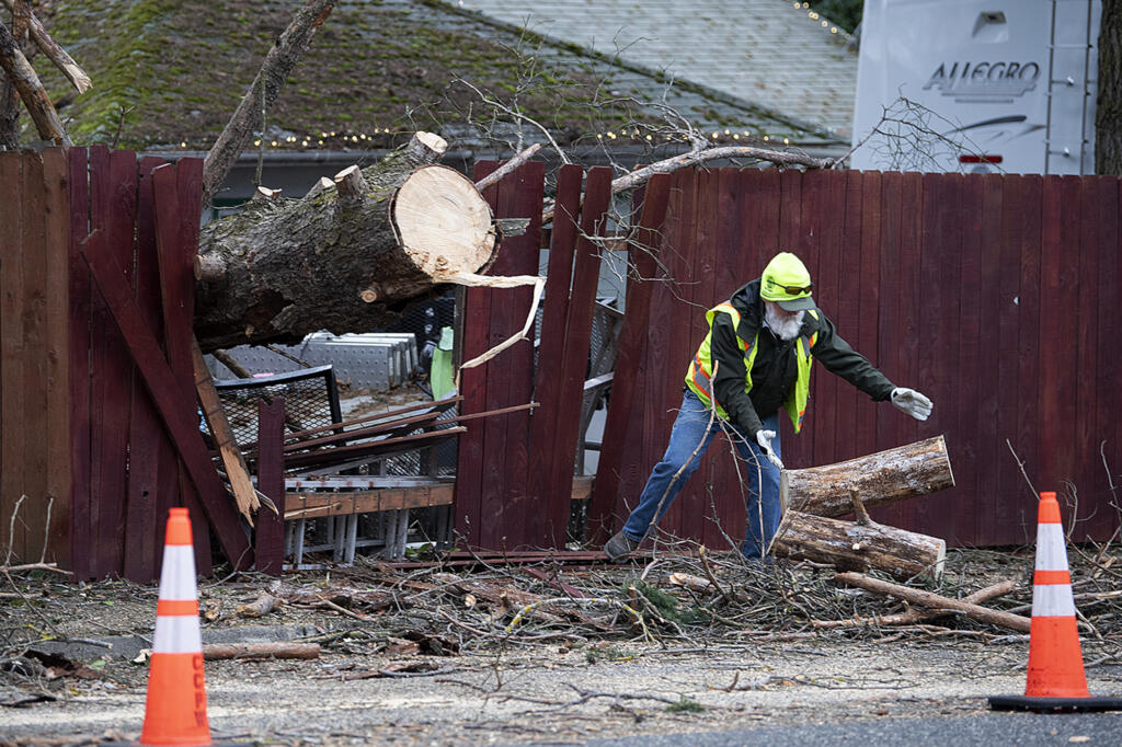 A Clark County Public Works employee help with clean-up after a tree crashed into a fence during a windstorm in January.