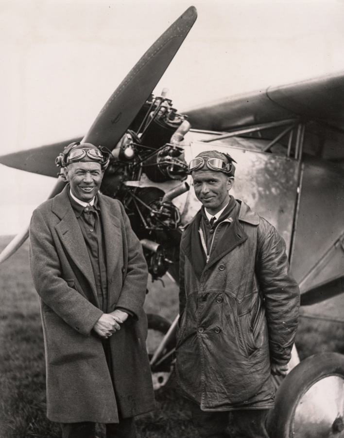 Vergne "Vern" C. Gorst (1876-1953), Pacific Air Transport owner and president, stands left of Claude Ryan, manufacturer of Ryan airplanes often used for airmail runs. The two had just finished a 1926 survey flight of Gorst's West Coast route. Boeing Air Transport bought Gorst's company in 1928. The merger led to United Airlines, making him the "granddaddy" of the airline.
