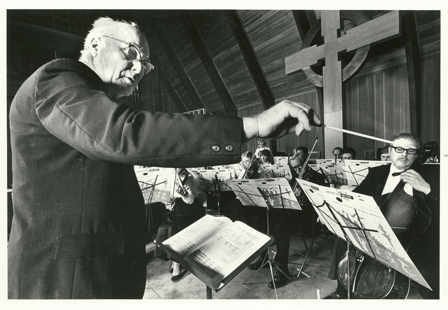 Walter Cleland conducts the Vancouver Symphony Orchestra in December 1986. The Nebraska farm boy with perfect pitch spent his life teaching, conducting and writing music and could play any instrument he picked up. He started several music groups in Vancouver before launching the Vancouver Symphony. He retired in 1990.