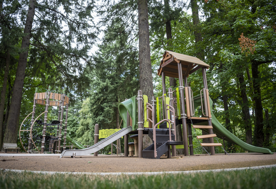 Trees rise above a playground at DuBois Park in Vancouver. The playground, which has a wheelchair user-friendly disc swing, is not considered fully accessible due to the wood chip surface. At top, a disc swing hangs at the under-construction Marshall Park.