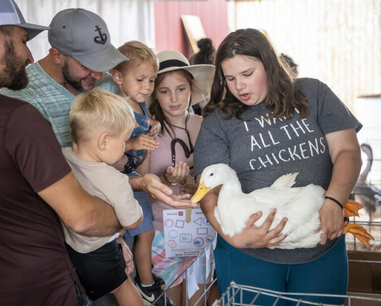 Zoey Wyant, 11, right, shows off Gabby the duck to a crowd of people Friday at the Clark County Fair.