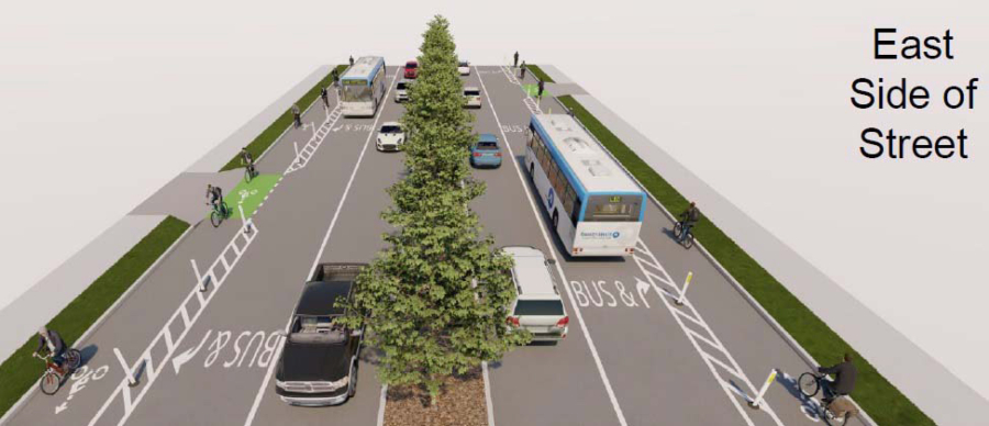 This illustration shows a segment of Fort Vancouver Way between McLoughlin and Mill Plain boulevards where the lanes closest to the curbs will become buffered mobility lanes.