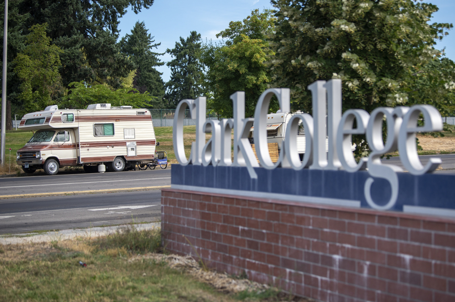 An RV sits across the street from Clark College, along Fort Vancouver Way. The RVs parked on the street had to move by Friday.