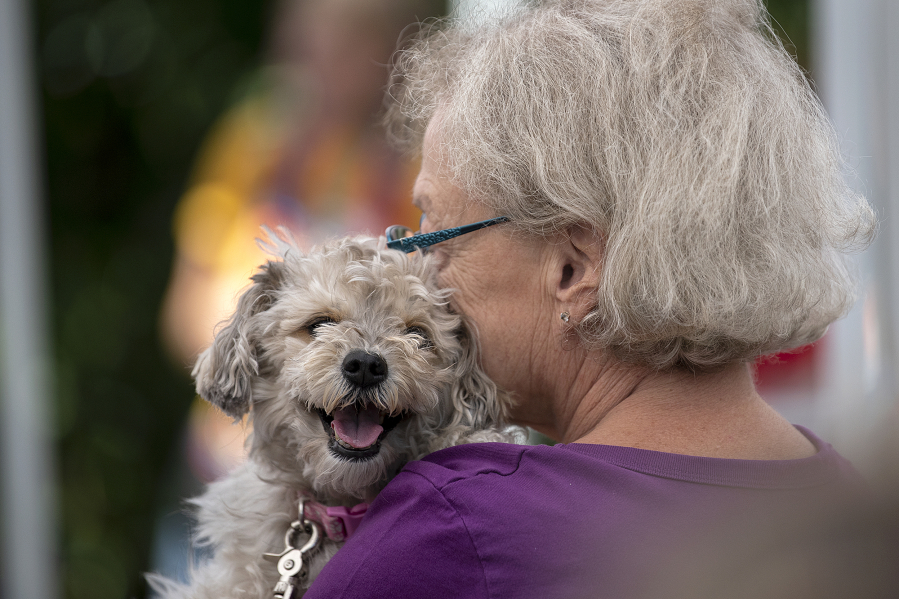A four-legged friend waits to be seen at the free pet clinic during the Open House Ministries block party Thursday afternoon.
