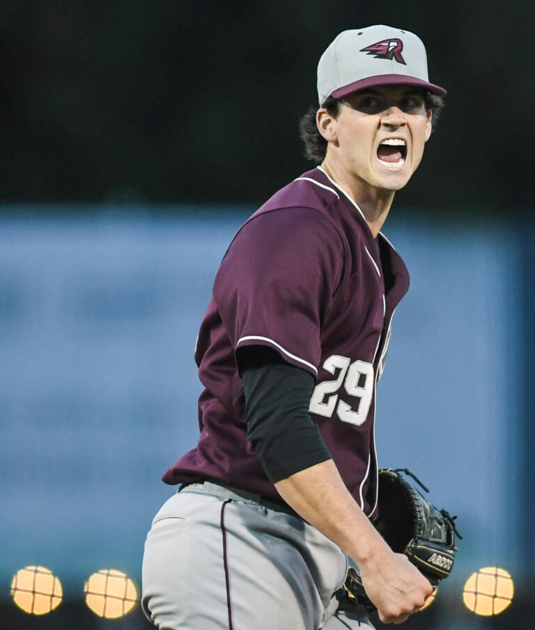 Raptors pitcher Charlie Royle lets out a yell after striking out the side Tuesday, Aug. 8, 2023, during the Raptors’ 10-6 loss to the Pickles in the first game of the WCL Divisional Series at Walker Stadium in Portland.