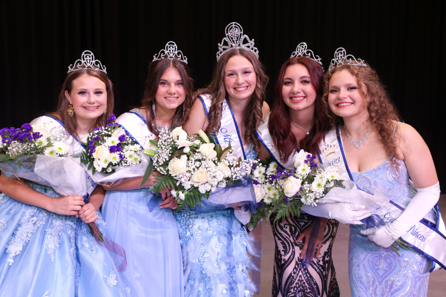 The court for this year's Miss Teen La Center Pageant, from left, fourth runner-up Savannah Terrill, third runner-up Sara Schtezel, Miss Teen La Center Kylee Mills, first runner-up Leah Lee, and second runner-up Adrionna McClellan.
